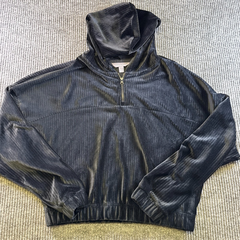 Cobble Lane Velour Hoodie Womens Large‎ Black Ribbed Quarter Zip Stretch Top
